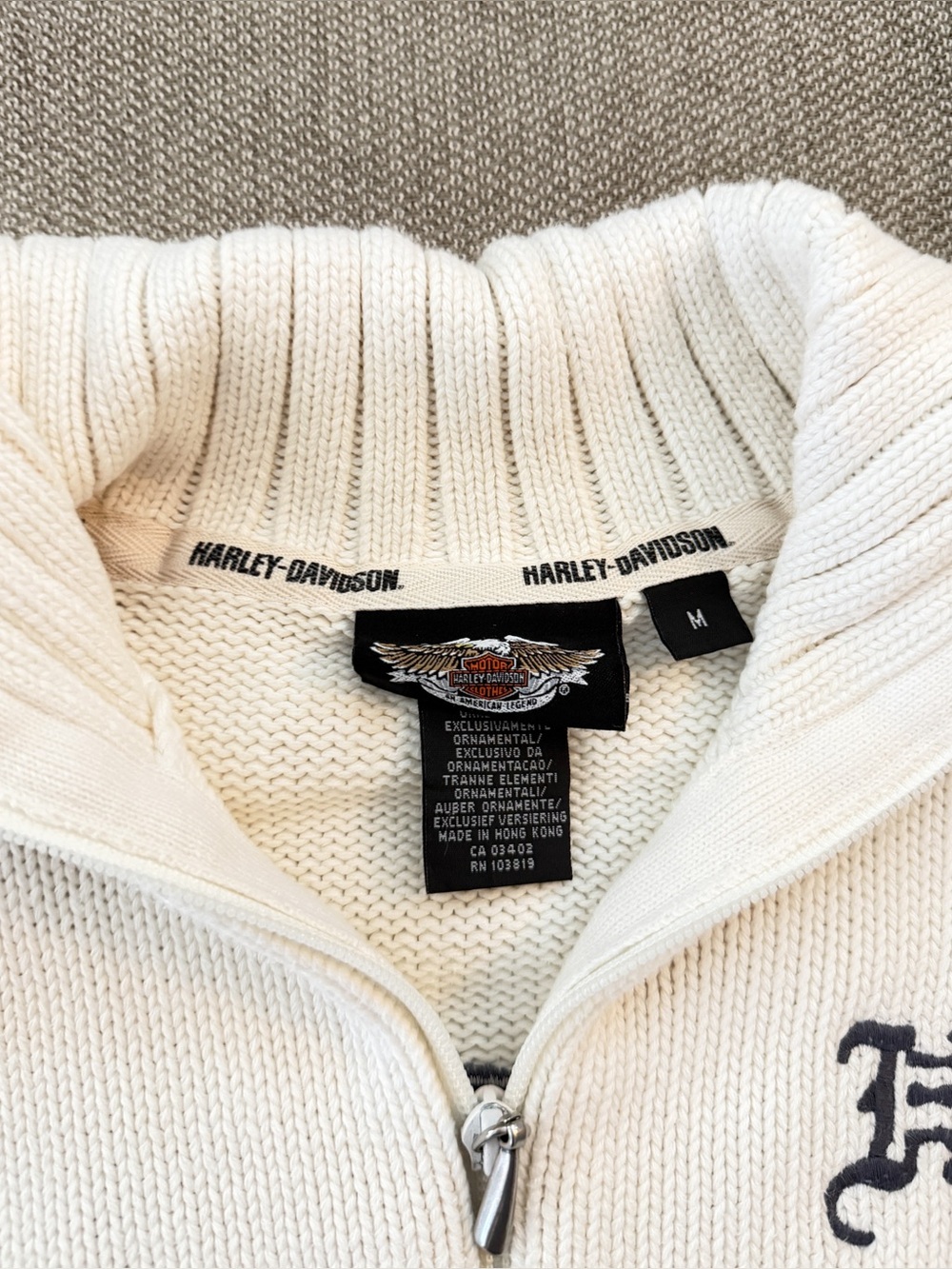 Vintage Harley Davidson Knit Zip Up Sweater in Cream - Picture 4 of 8